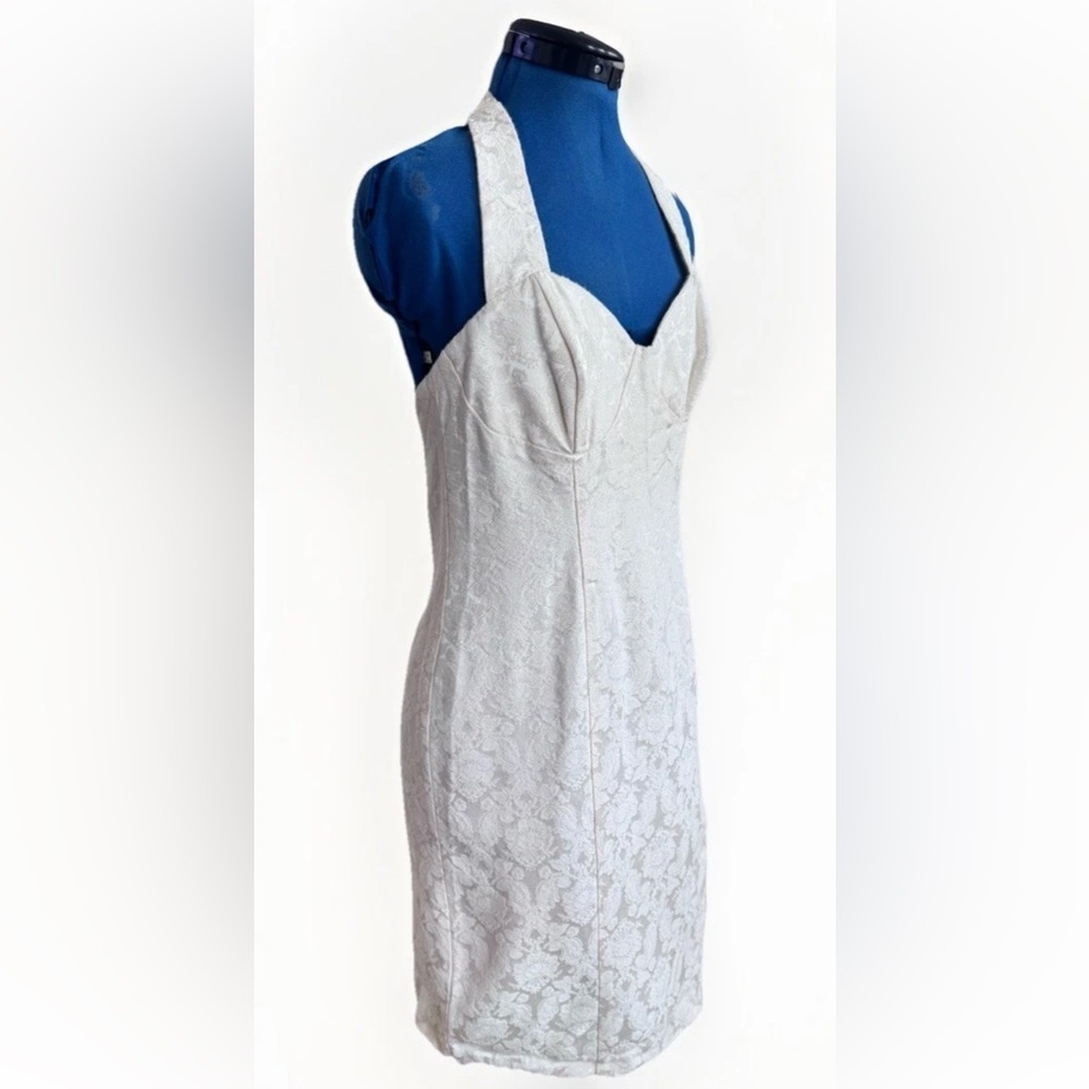 vintage 90s Y2K Rampage Beige Brocade Floral Party Short Halter Dress Size 9